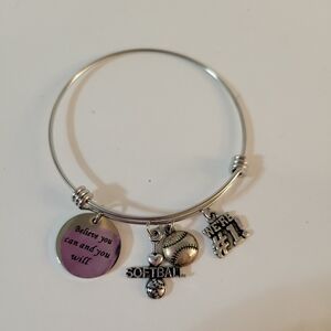 Softball Themed Bangle Bracelet Silvertone